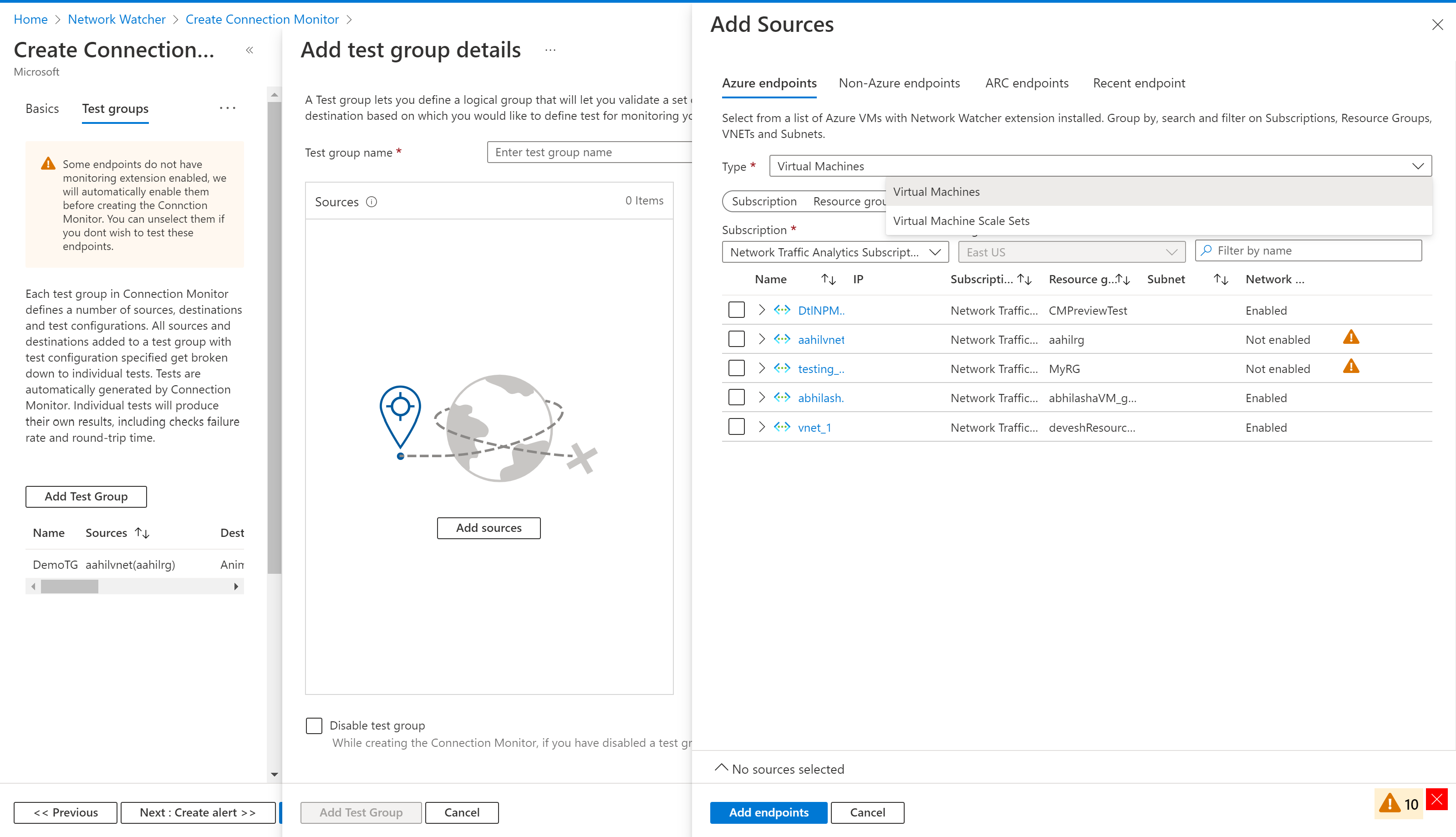 截图显示“添加源”窗格和 Azure 终结点，包括 Connection Monitor 中的“虚拟机规模集”选项卡。