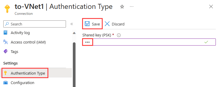 Screenshot 显示在 Azure 门户中更正和保存 VPN 连接的共享密钥。