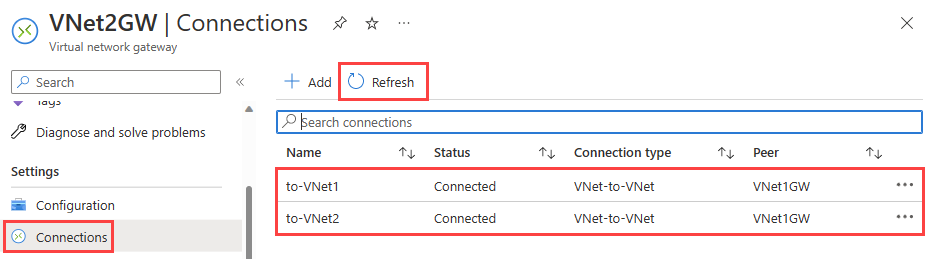 Screenshot 显示Azure门户中的网关连接及其连接状态。