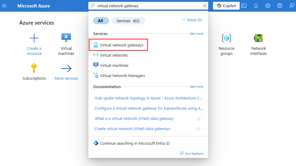 截图显示在 Azure 门户中搜索虚拟网络网关。