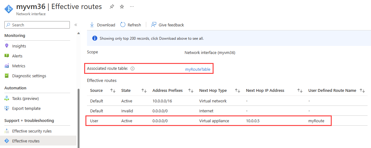 在用自定义路由重写 Azure 默认系统路由后，截取有效路由的截图。
