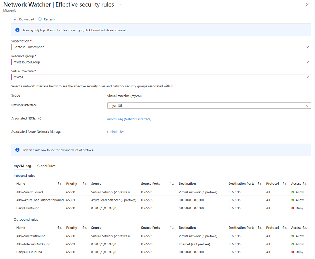 Azure门户中Azure Network Watcher有效安全规则的屏幕截图。