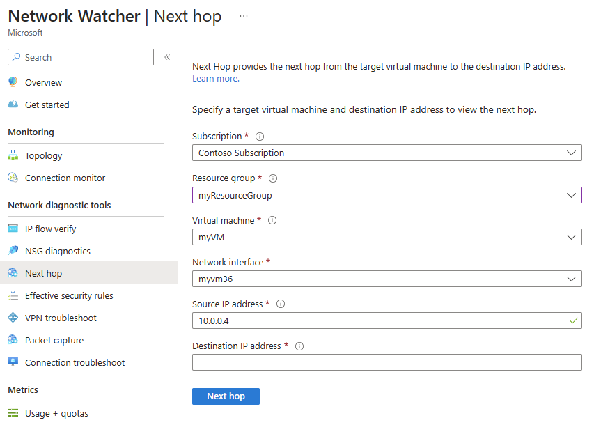 在 Azure 门户中的 Azure Network Watcher 下一跃点视图的屏幕截图。
