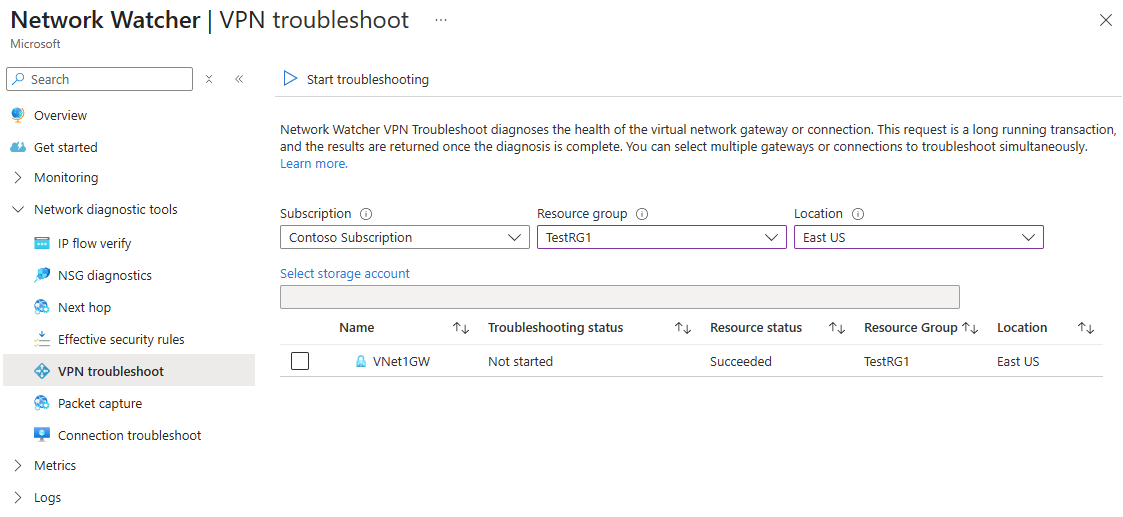 Azure门户中的Azure Network Watcher VPN故障排除的屏幕截图。