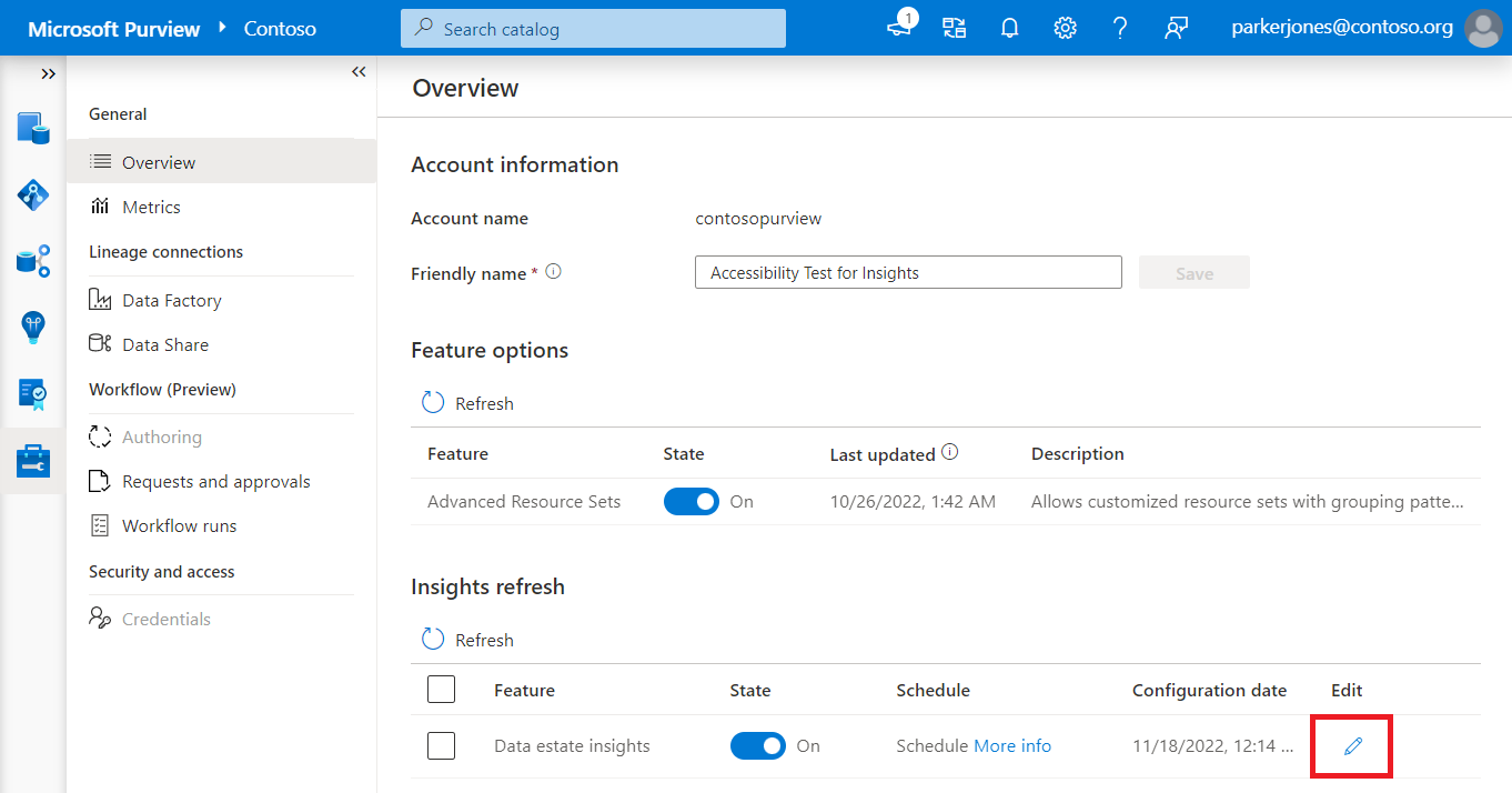 Microsoft Purview 治理门户中“管理”部分的“概述”窗口屏幕截图，其中“Data Estate Insights”行中的编辑铅笔图标已突出显示。