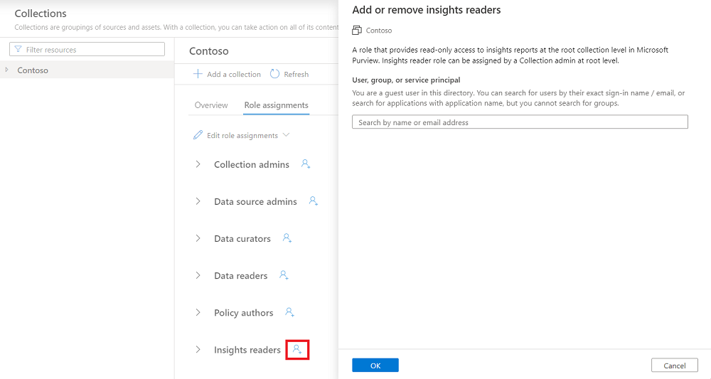 根集的屏幕截图，其中显示角色分配选项卡，在Insights reader 旁边选择添加用户按钮。
