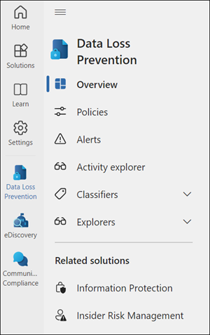 Microsoft Purview 门户网站的左侧导航。