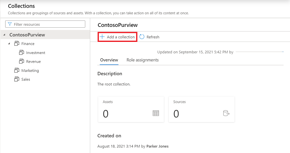 经典 Microsoft Purview 治理门户窗口的屏幕截图，该窗口已打开数据映射，其中选择了“集合”选项卡，并突出显示了“添加集合”。