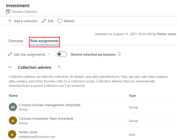 经典 Microsoft Purview 治理门户收集窗口的屏幕截图，其中突出显示了“角色分配”选项卡。