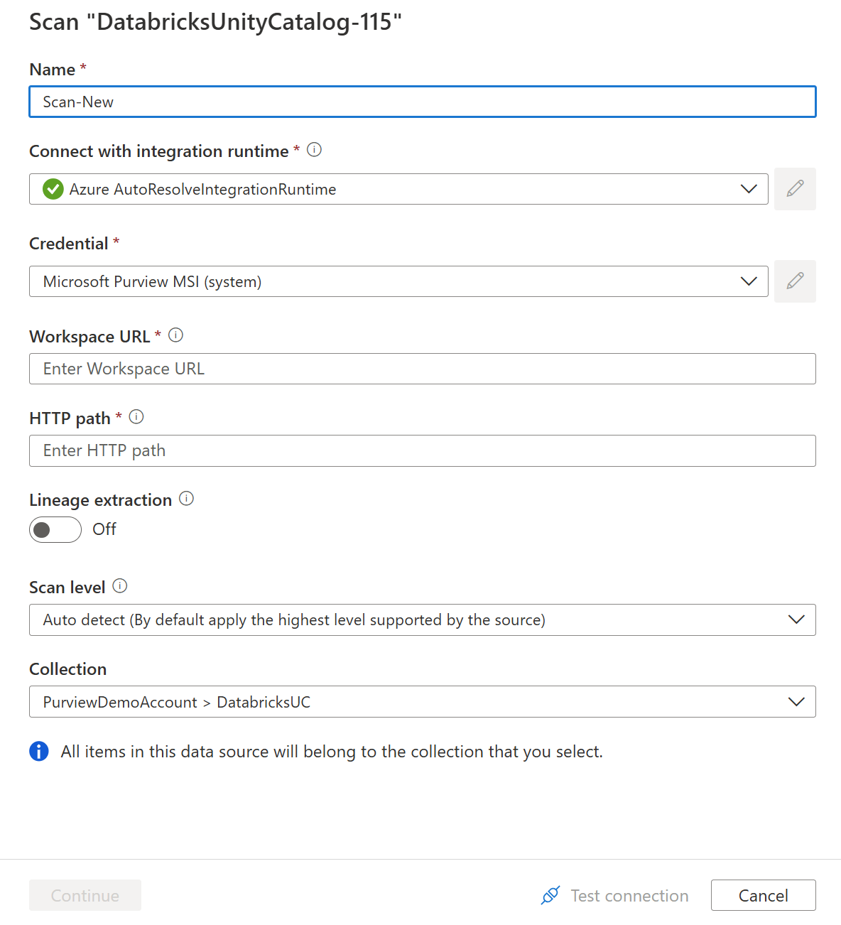 Azure Databricks Unity 目录扫描的截图。