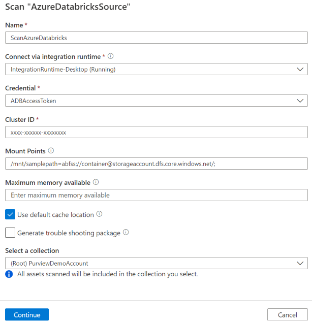 Azure Databricks 扫描设置的屏幕截图。