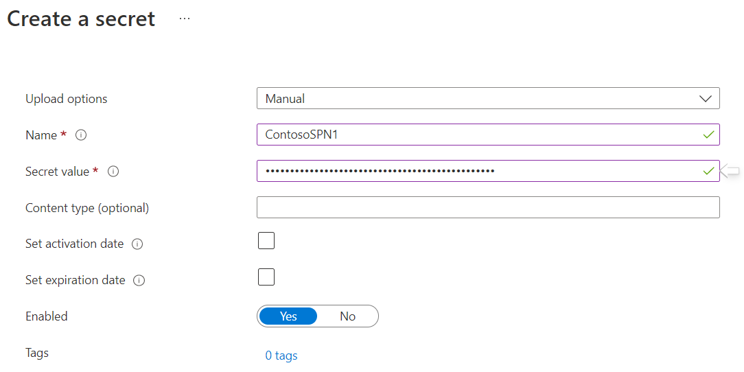 如何为 SPN 生成 Azure Key Vault 机密的截图。