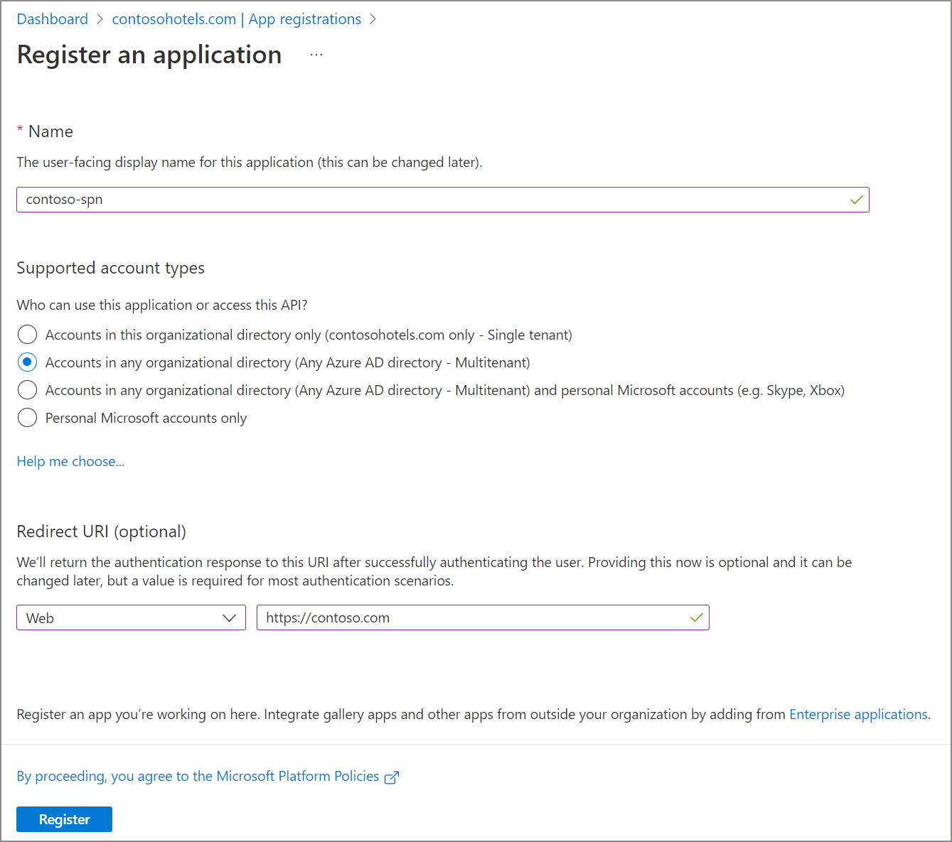 如何在跨租户的 Microsoft Entra ID 中创建应用程序的步骤截图。