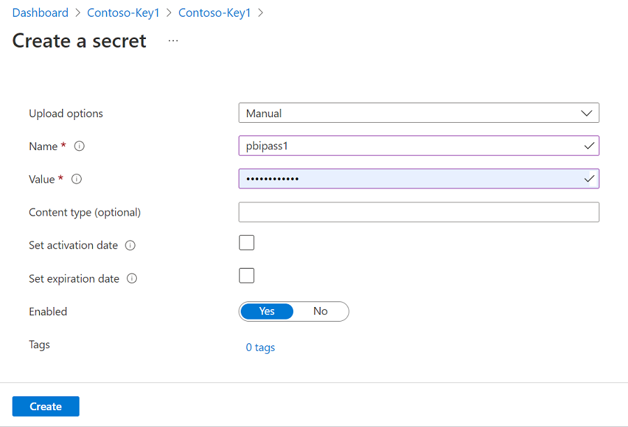 如何生成 Azure Key Vault 机密的屏幕截图。