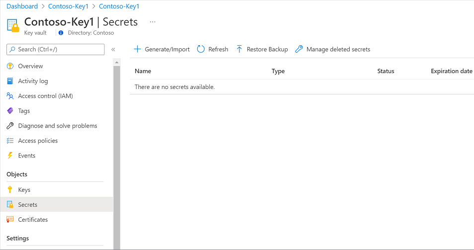 如何导航到 Azure Key Vault 的屏幕截图。