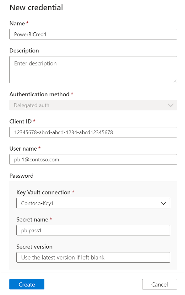 新凭据菜单的屏幕截图，其中显示了提供了所有必需值的 Power BI 凭据。