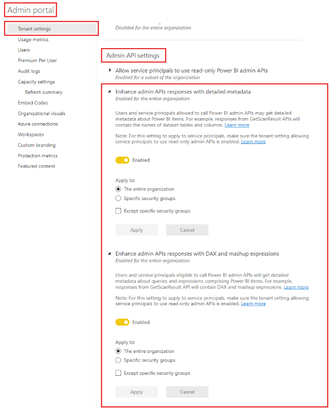 显示用于启用子工件扫描的 Power BI 管理门户配置的图像。