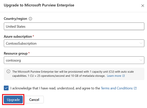 Microsoft Purview 企业版菜单的屏幕截图,其中“升级”按钮被突出显示。