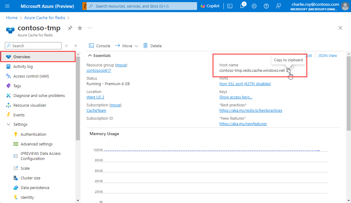 屏幕截图显示 Azure Cache for Redis 的属性。