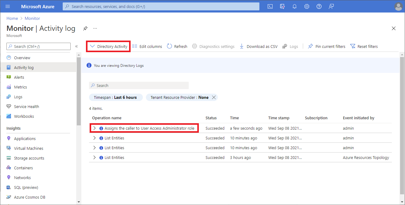 显示 Azure Monitor 中目录的活动日志的屏幕截图。