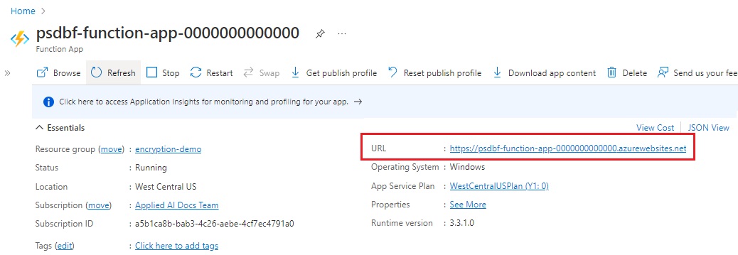 Azure Functions 应用的概述页面和 Essentials 部分的截图。