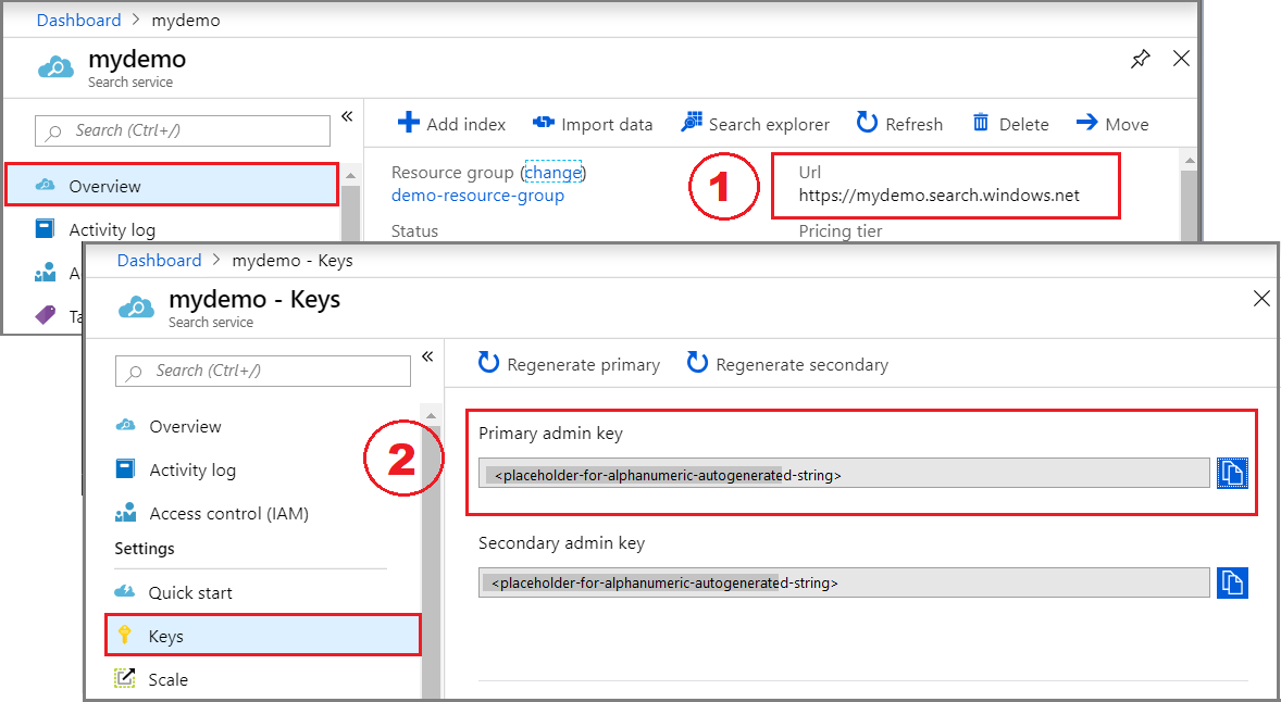 在 Azure portal 中，截取的 URL 和 API 密钥的屏幕截图。