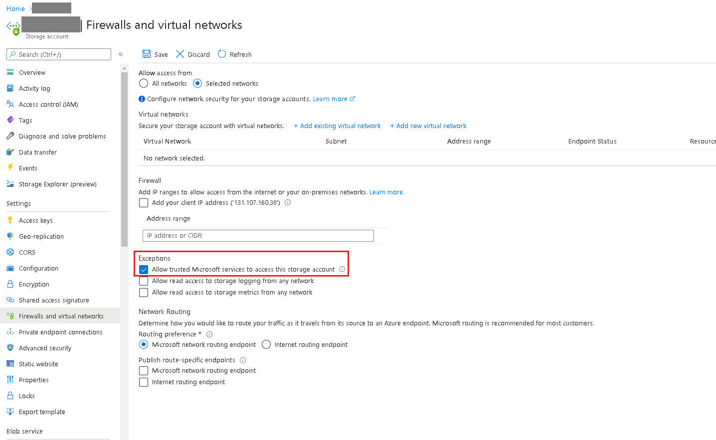 Azure门户中Azure存储的防火墙和网络页面的截图。