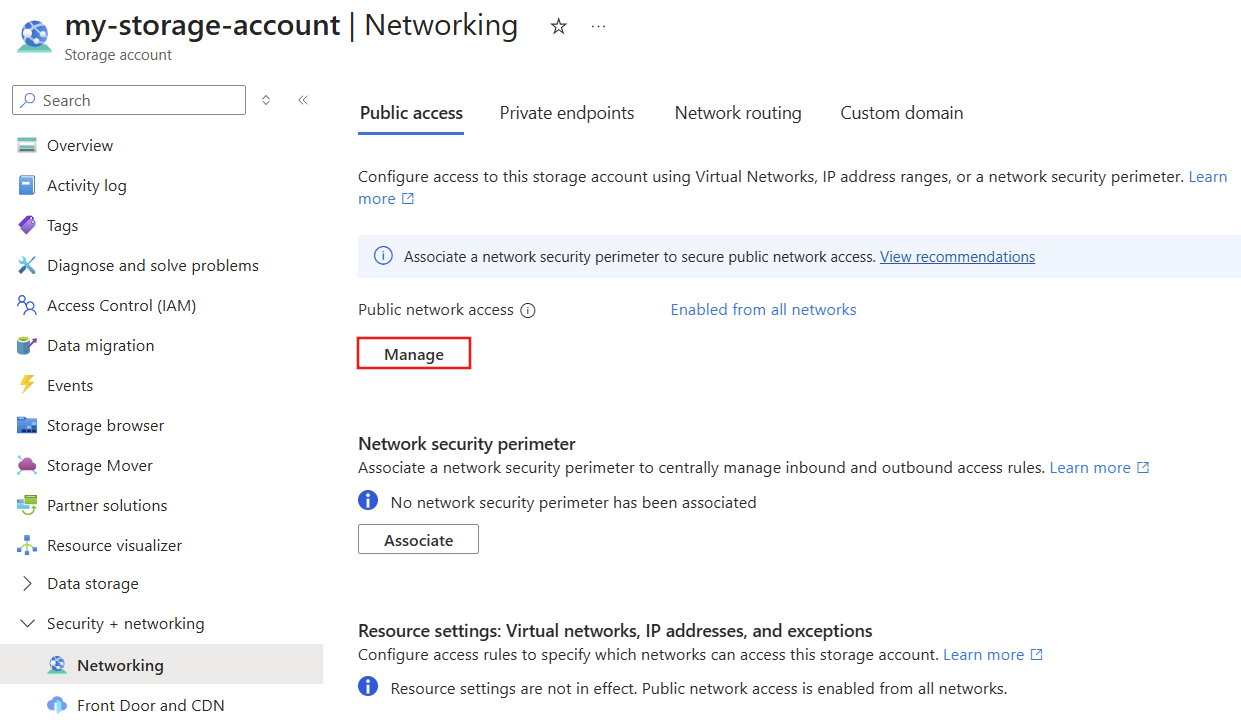 在 Azure 门户中管理公共网络访问的按钮的屏幕截图。