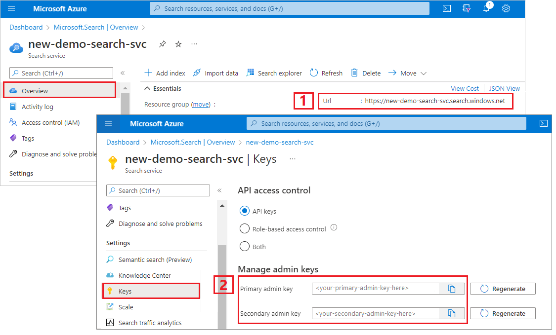 在 Azure portal 中，截取的 URL 和 API 密钥的屏幕截图。