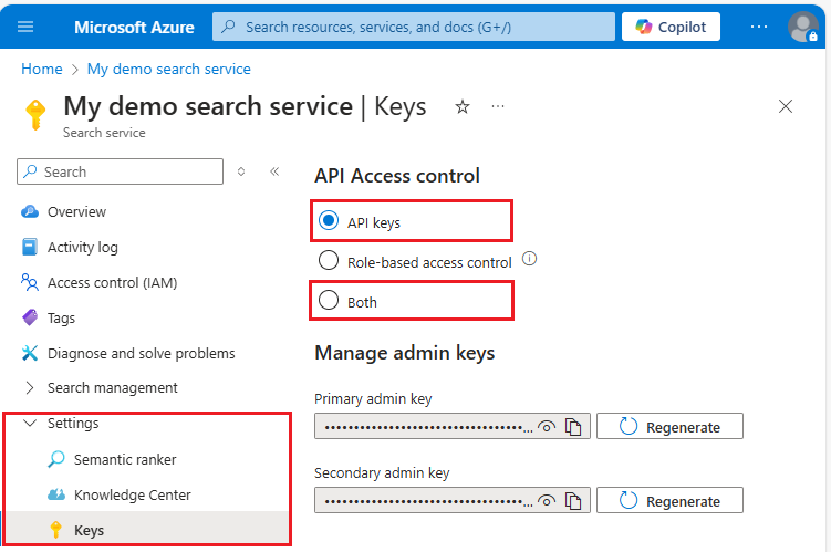 Azure 门户中“密钥”页的屏幕截图。