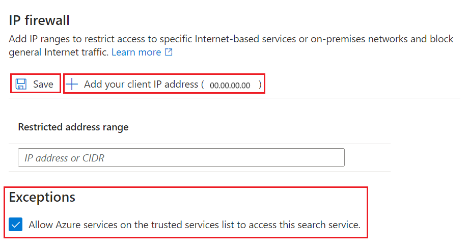 在 Azure 门户中添加客户端 IP 地址选项的截图。