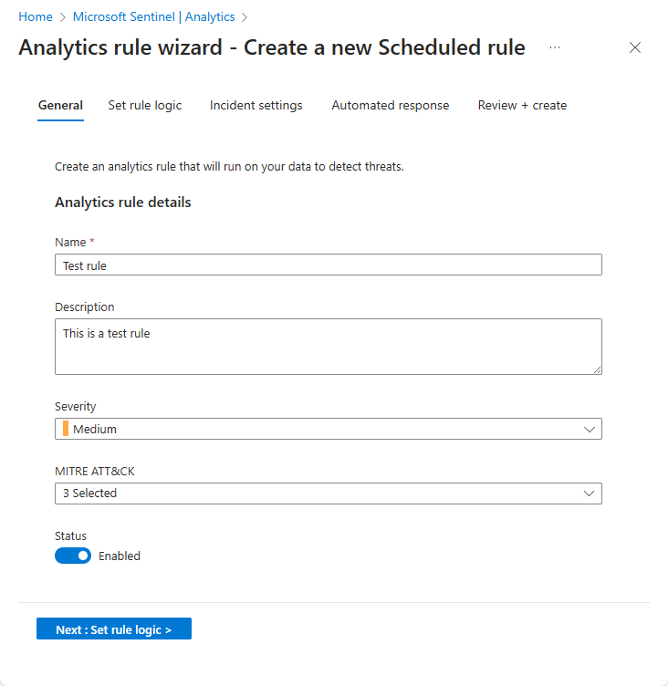 Azure 门户中分析规则向导启动屏幕的屏幕截图。