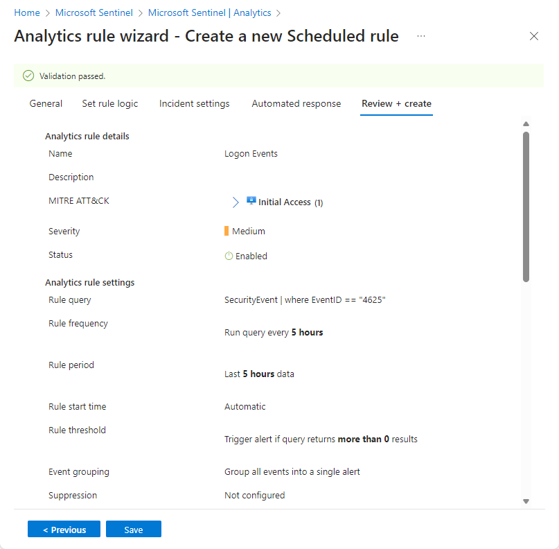 Azure 门户中分析规则向导验证屏幕的屏幕截图。