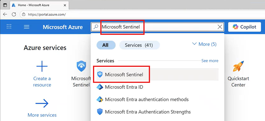 从 Azure 门户搜索并选择Microsoft Sentinel 的屏幕截图。