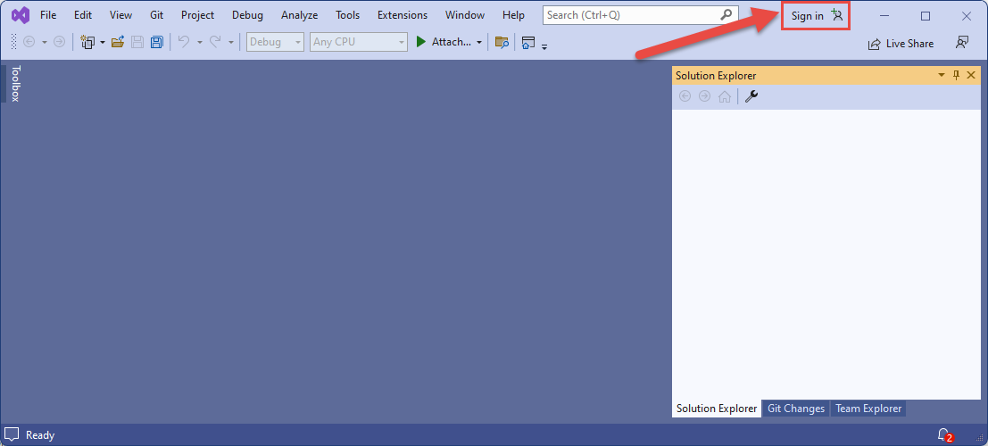 用于使用 Visual Studio 登录到 Azure 的按钮截图。