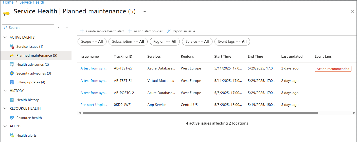 Azure 服务运行状况中受计划内维护影响的资源的屏幕截图。