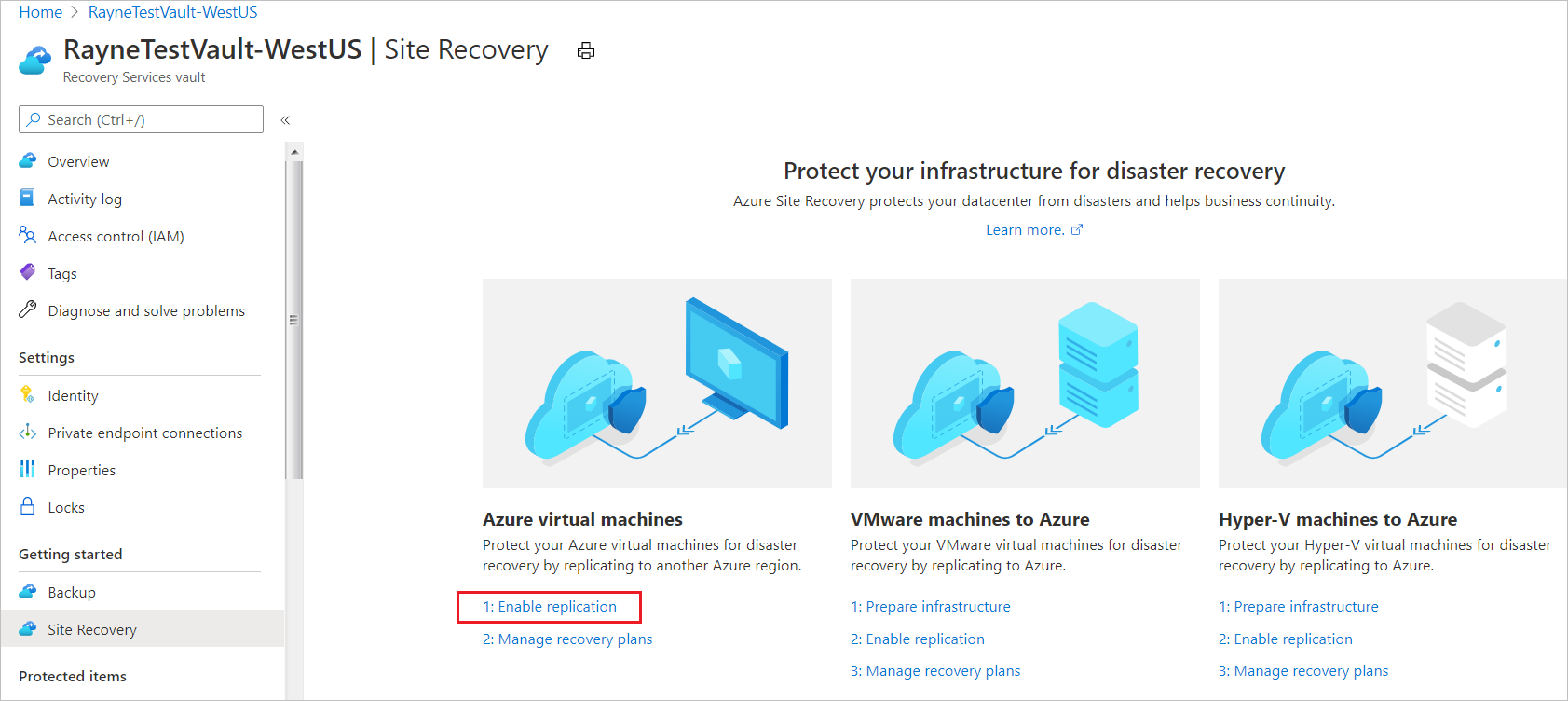 屏幕截图显示了启用 Azure VM 复制的选项。