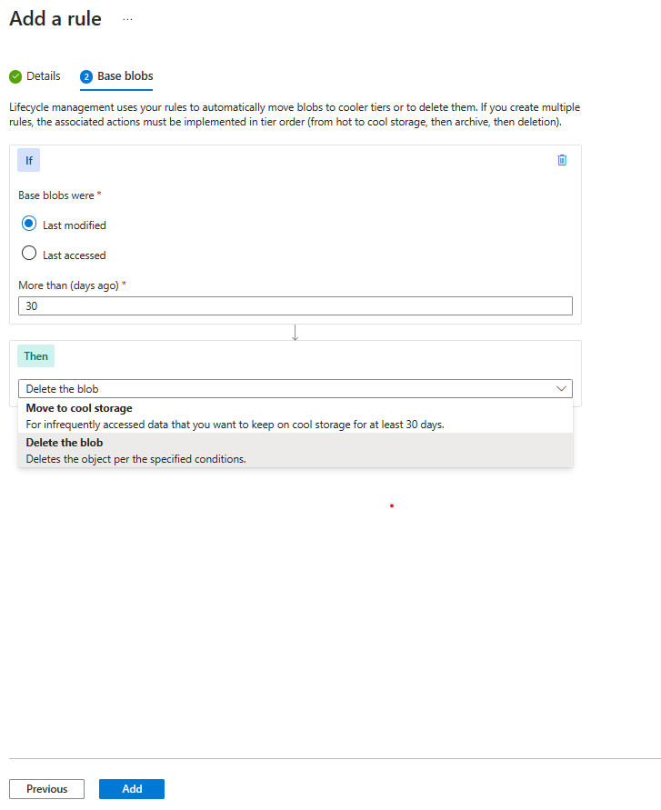 Azure 门户中生命周期管理基础 Blob 页的屏幕截图