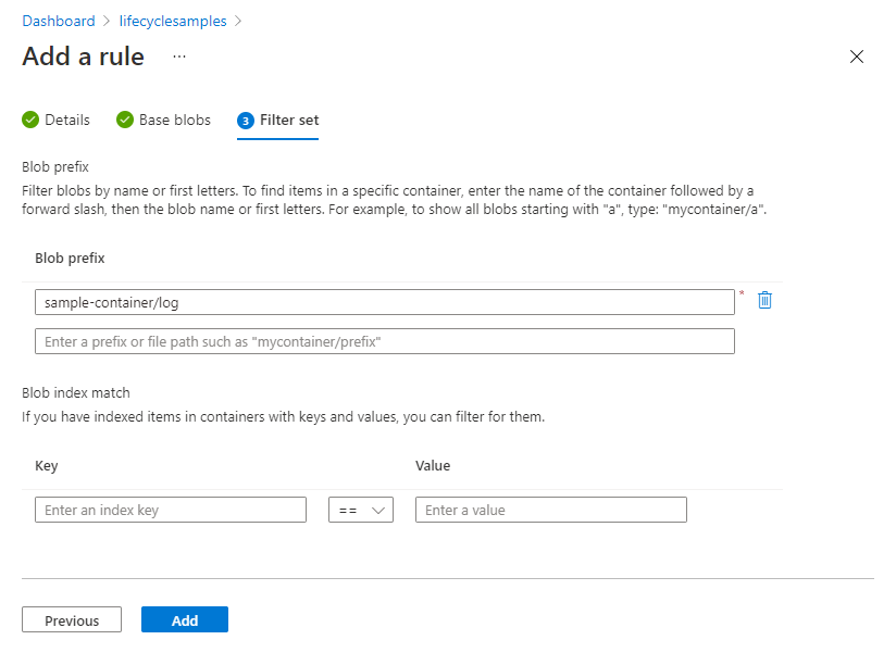 Azure 门户中生命周期管理筛选器集页的屏幕截图