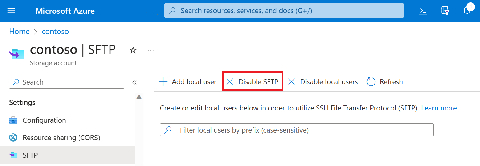 Azure 门户中 SFTP 设置窗格里的“禁用 SFTP”选项的屏幕截图。