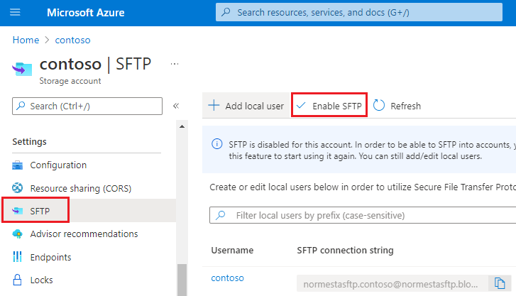 Azure 门户 SFTP 设置窗格中“启用 SFTP”选项的屏幕截图。