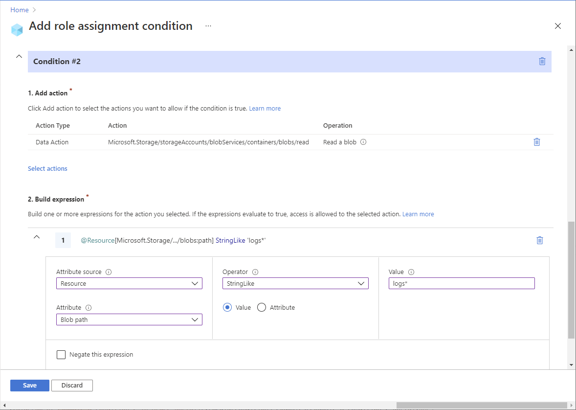 Azure 门户中条件 2 编辑器的屏幕截图，显示了对带有 Blob 索引标记和路径的 Blob 进行读取访问。