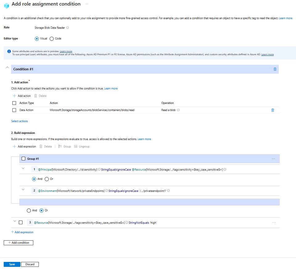 Azure 门户中条件编辑器的屏幕截图，其中显示了允许已标记用户通过特定专用终结点进行读取访问。