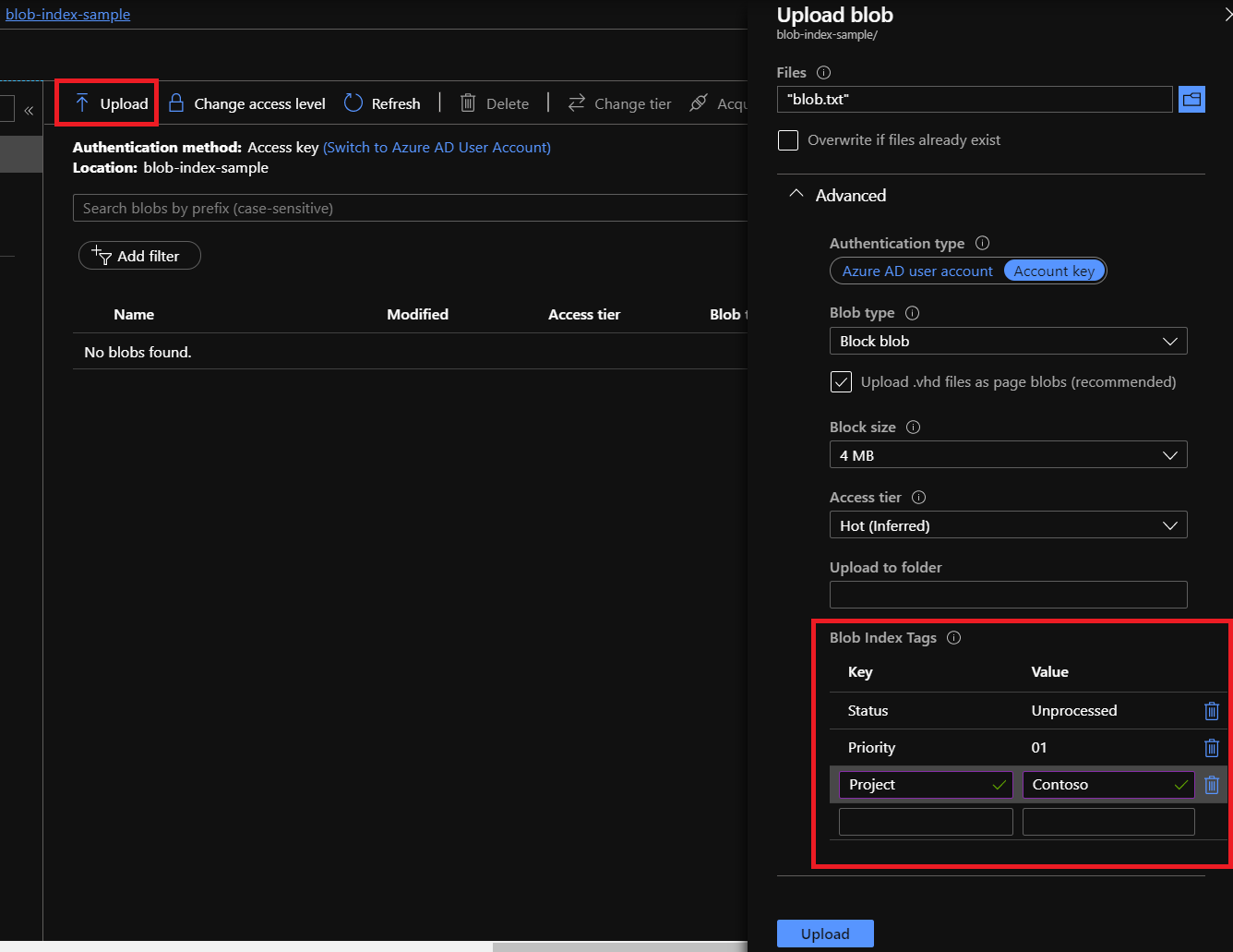 显示如何上传带有索引标记的 Blob 的 Azure 门户屏幕截图。