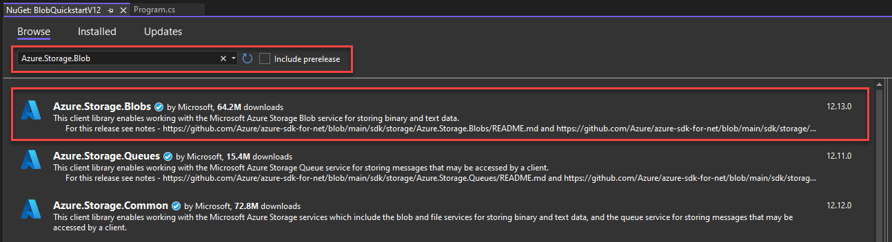 在 Visual Studio 中安装 NuGet 包的屏幕截图。