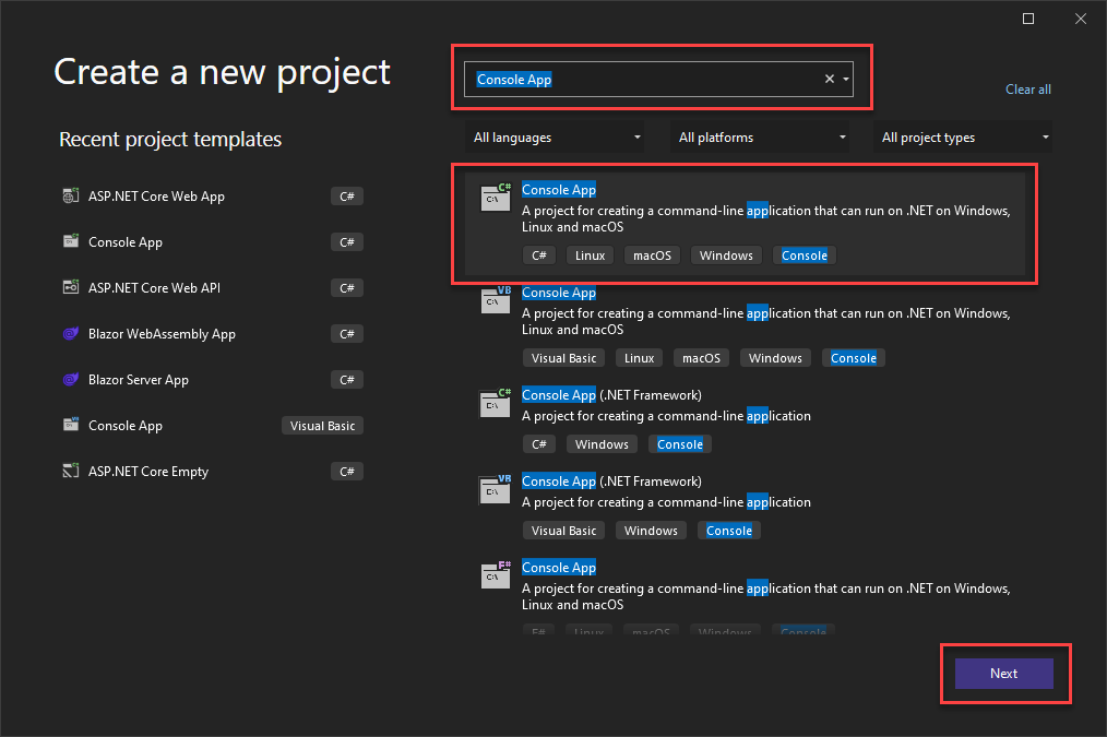 在 Visual Studio 中创建新的控制台应用项目的屏幕截图。
