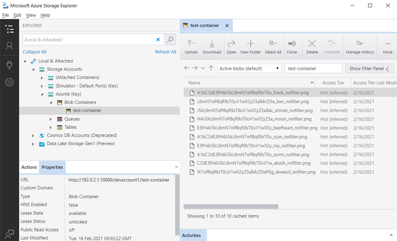 Azure 存储资源管理器屏幕截图，其中显示了测试生成的文件。