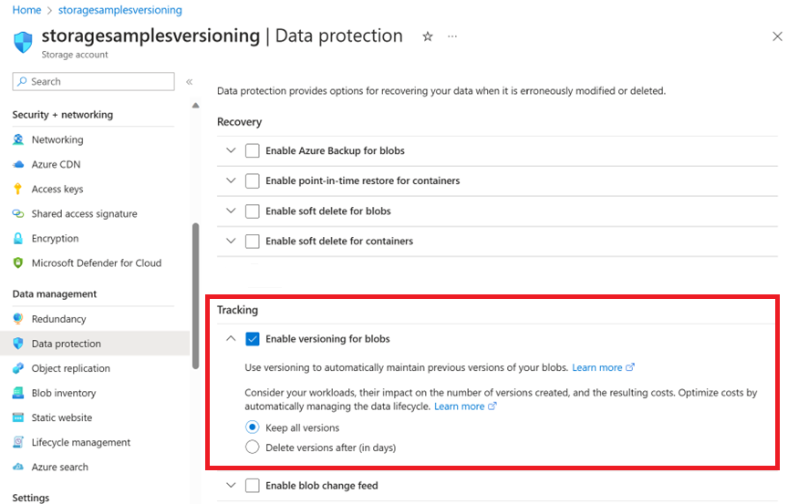 此屏幕截图显示了如何在 Azure 门户中启用 blob 版本控制