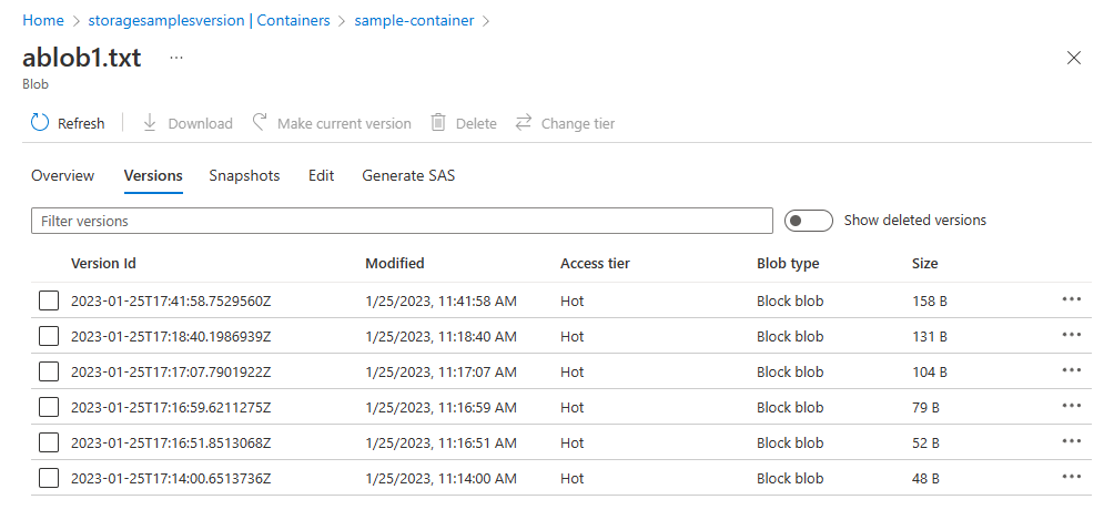 屏幕截图显示了如何在 Azure 门户中列出 blob 版本