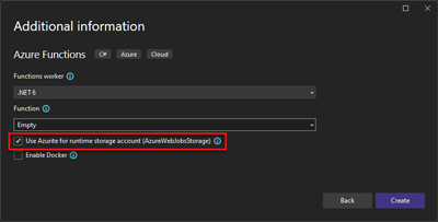 显示如何将 Azurite 设置为 Azure Functions 项目的运行时存储帐户的屏幕截图。